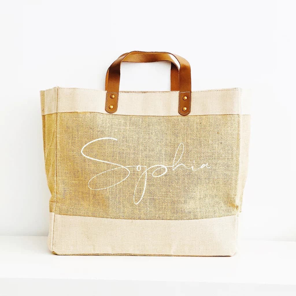 Name Printed with Leather Handle Jute Bag