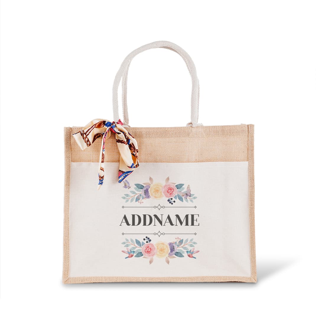 Add Name and Colourfull Flower Printed with Ribbon Jute Bag