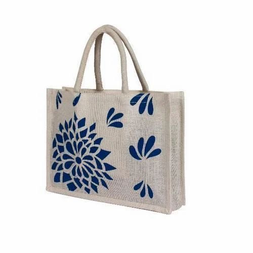 Blue Colour Flower Printed Jute Bag