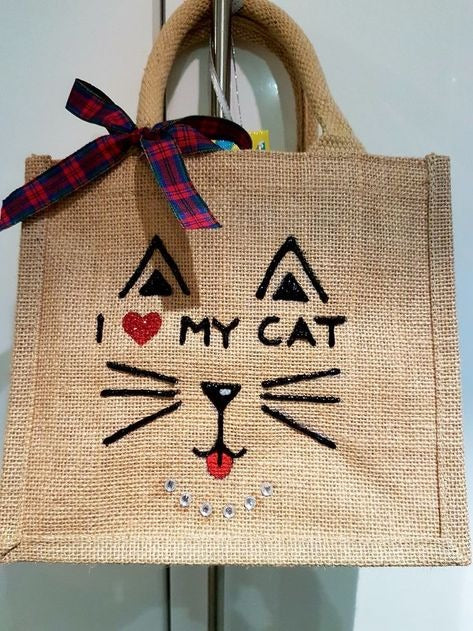 Cat Printed Jute Bag with Bow