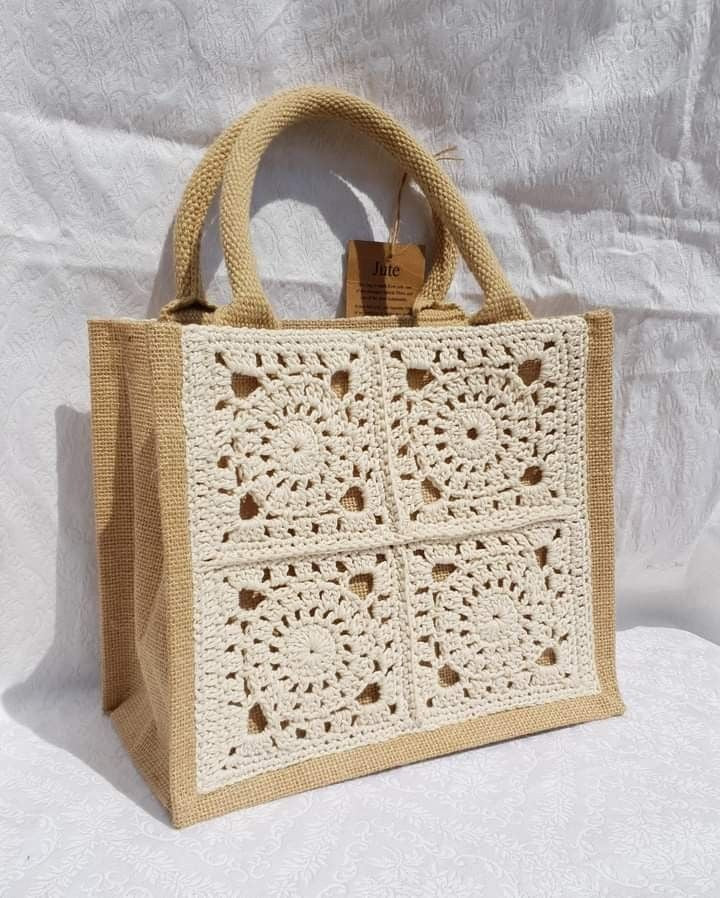Crochet Flower Jute Tote Bag