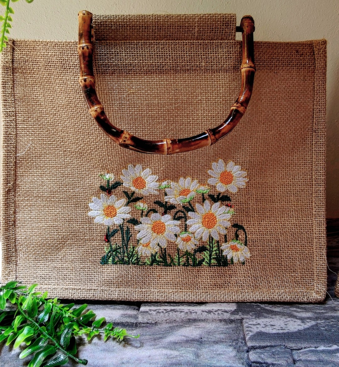 Floral Embroidery Work with Bamboo Handle Jute Bag