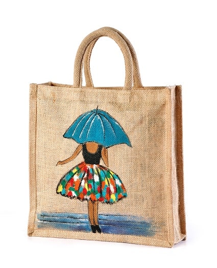 Girl with Umbrella Printed Jute Tote Bag