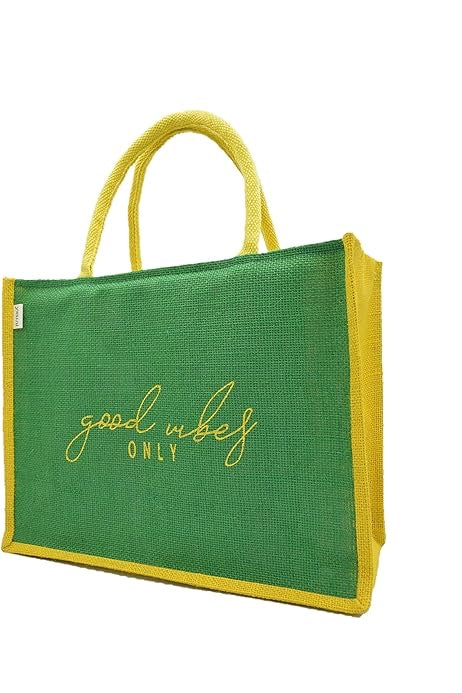 Green and Yellow Jute Bag with Text