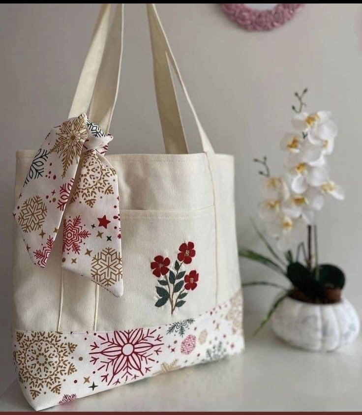 Tote Bag with Floral Embroidery and Decorative Band