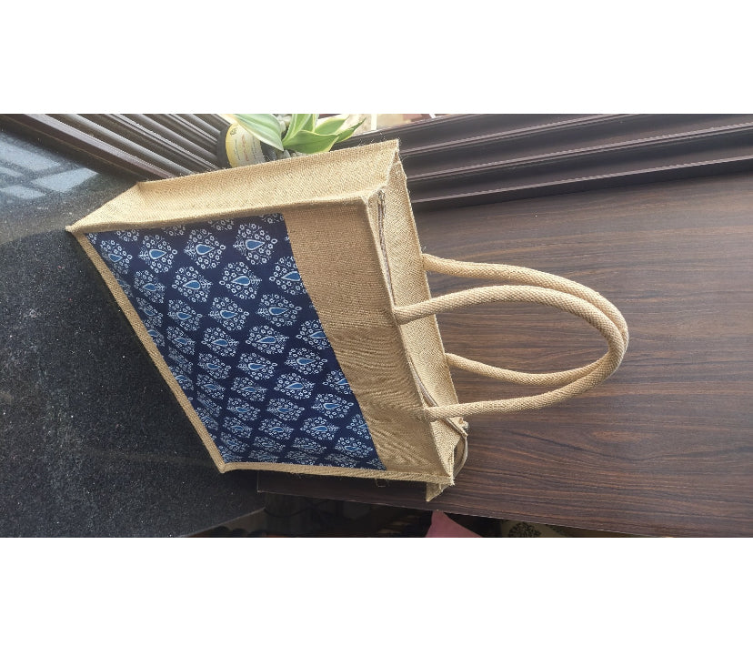 Chain Zipper Dual Texture Natural Jute Bag (Blue)