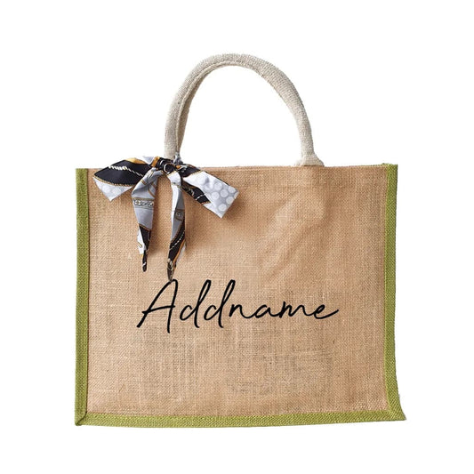 JUTE BAG WITH RIBBON BOW AND NAME PRINTED ON IT