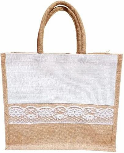 Jute Bag with White Fabric and Lace-Like Design