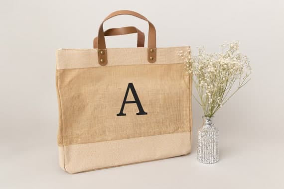 Letter Printed with Leather Handle Zipper Jute Bag