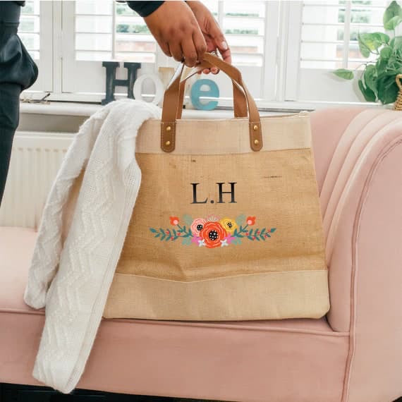 Logo with Flower Embroidery and Leather Handle Jute Bag