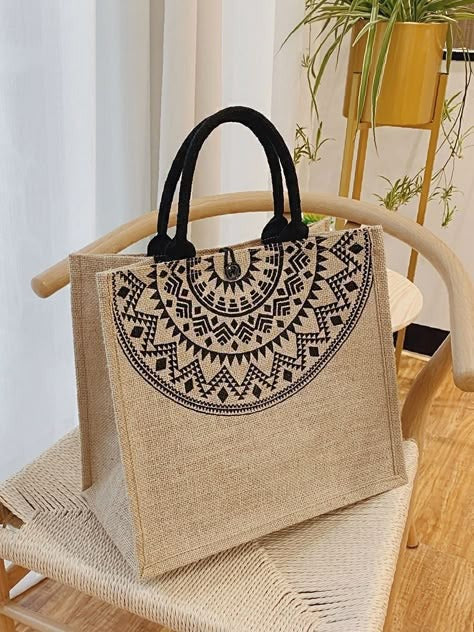 Mandala Artwork with Black Colour Handle and Button Lock Jute Bag 