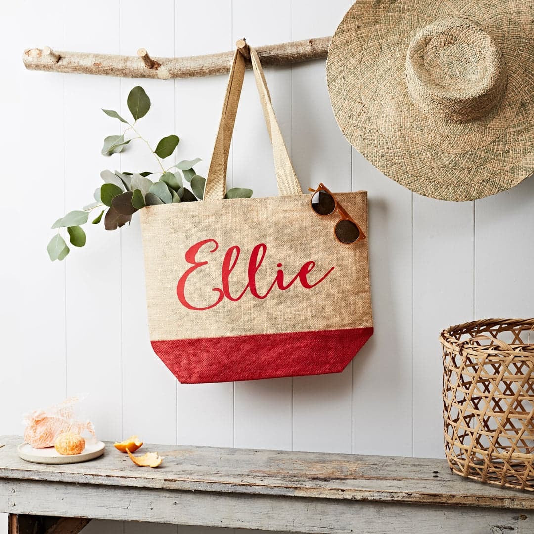 Name Printed in Red Colour Jute Tote Bag