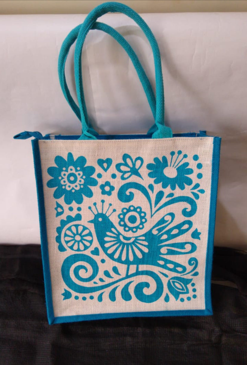 Chain Zipper Peacock Printed Jute Bag