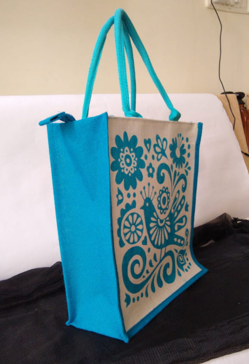 Chain Zipper Peacock Printed Jute Bag