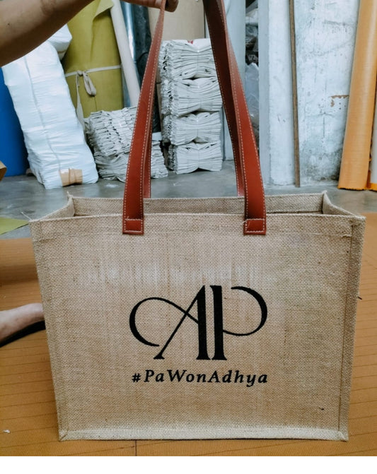 Leather Handle Logo Printed Natural Jute Bag