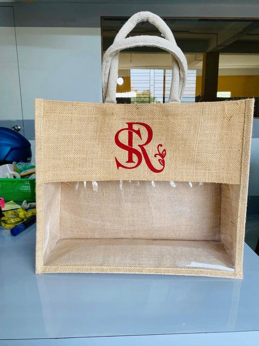 Logo Print Natural Jute Bag with One-side Transparent