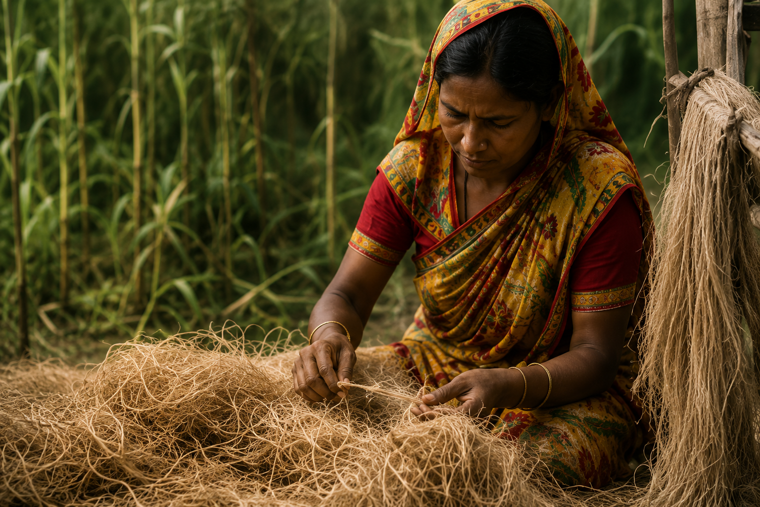 Jute farmer harvesting natural fibres
