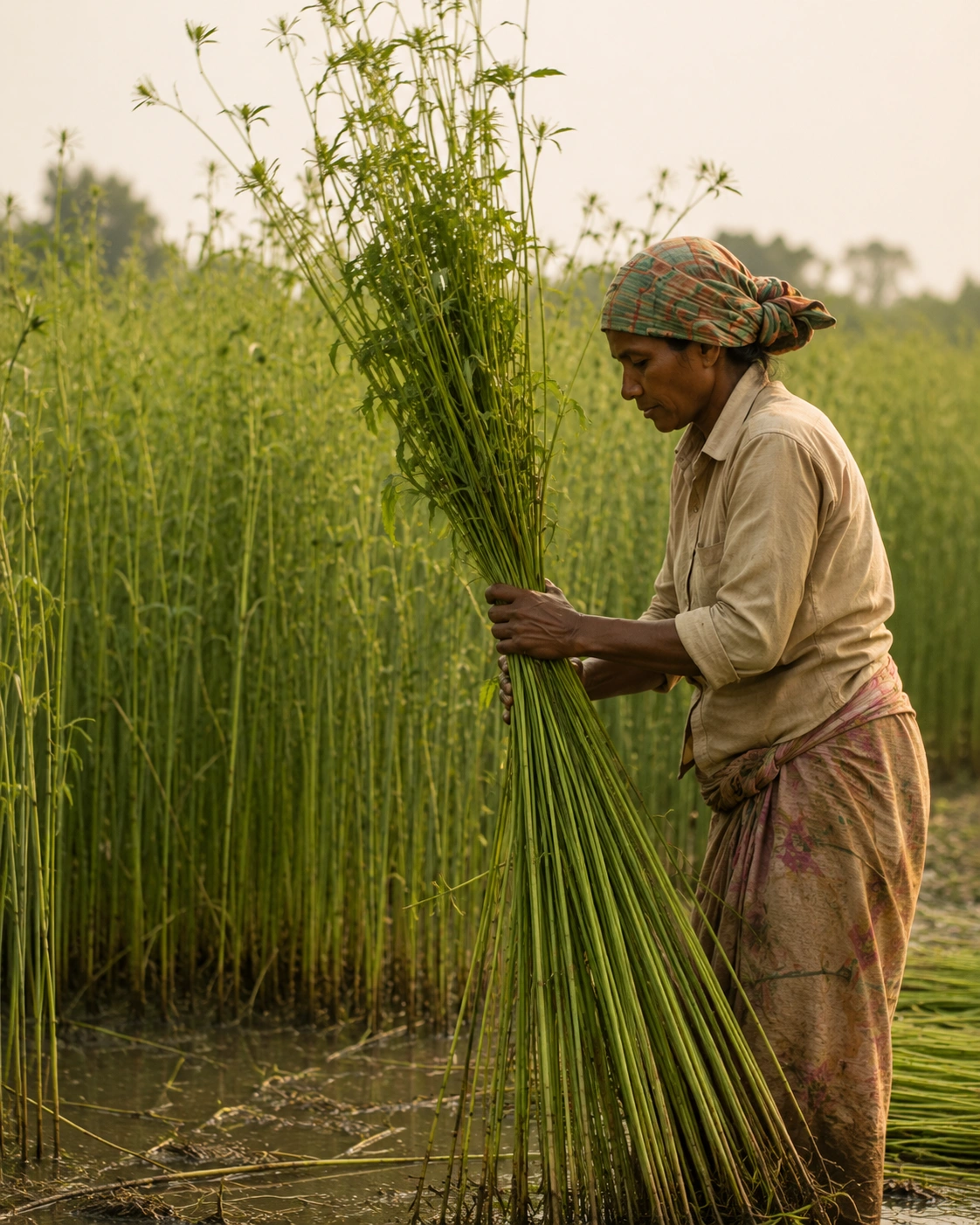 Jute farmer harvesting natural fibres